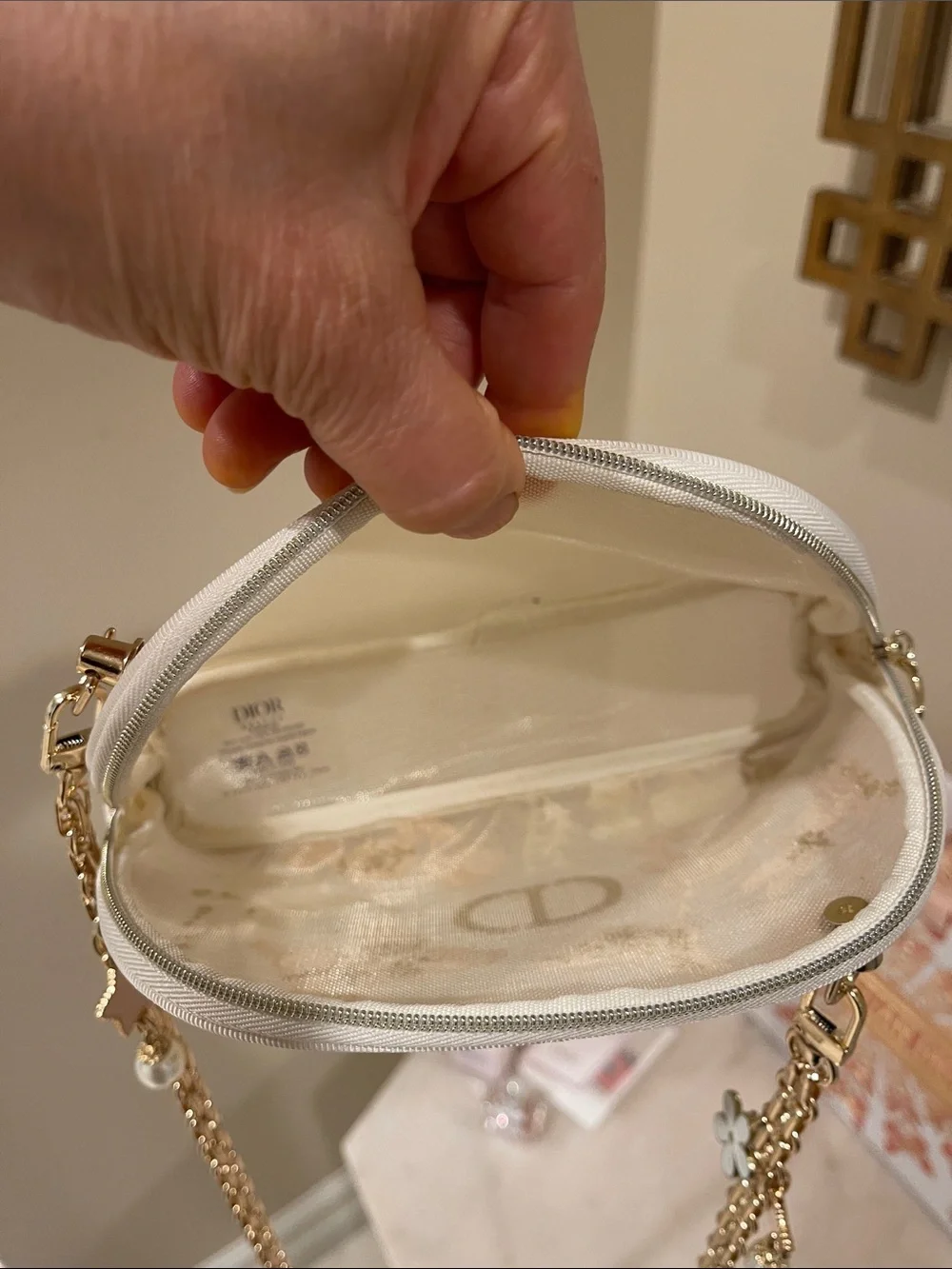 Dior Cream Embroidered Cosmetics Bag with Gold CD Charm and Floral Accents